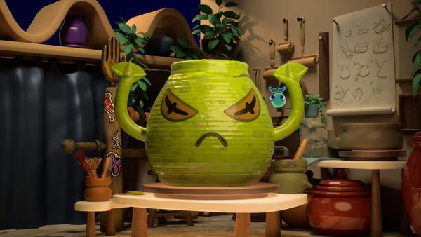 Screenshot from Kiln showing a green, animated clay pot with arms and an angry face in a pottery workshop.
