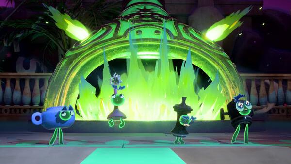 Screenshot from Kiln showing four animated pottery characters with glowing weapons in front of a fiery green kiln.
