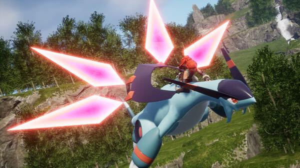 Screenshot from Palworld showing a character riding a large, blue creature with pink glowing wings in a lush, green landscape.