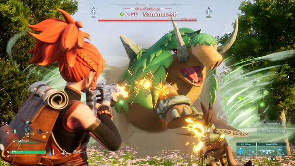 Screenshot from Palworld showing a player character battling a large creature named Mammorest in a lush, green environment.