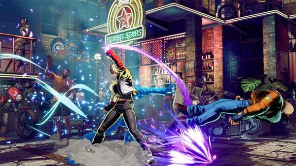Screenshot from FATAL FURY: City of the Wolves showing a fighter landing a powerful attack in a lively urban setting.