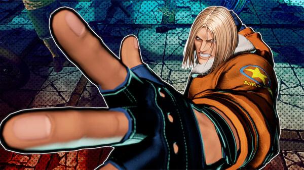 Screenshot from FATAL FURY: City of the Wolves showing a character in an orange jacket striking a dynamic pose mid-battle.