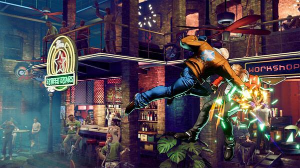 Screenshot from FATAL FURY: City of the Wolves showing a dynamic fight scene in a lively bar with vibrant neon lights.