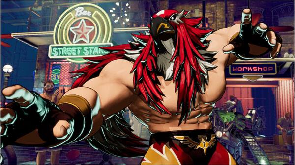 Screenshot from FATAL FURY: City of the Wolves showing a character in a bird-themed costume in front of a neon-lit street scene.