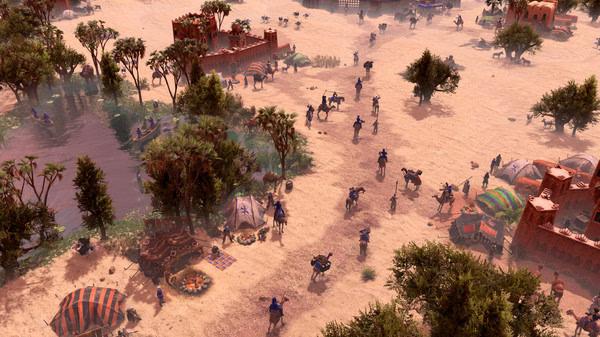 Screenshot from Age of Empires III: Definitive Edition - The African Royals showing a desert battle scene with soldiers and buildings.