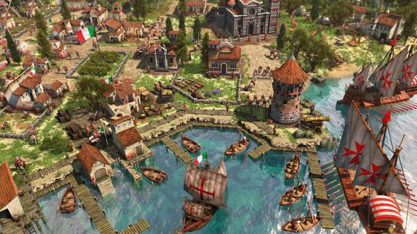 A screenshot from Age of Empires III: Definitive Edition - Knights of the Mediterranean showing a vibrant port city with ships and buildings.