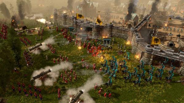 Screenshot from Age of Empires III: Definitive Edition - Knights of the Mediterranean showing a large battle near a fortified wall.