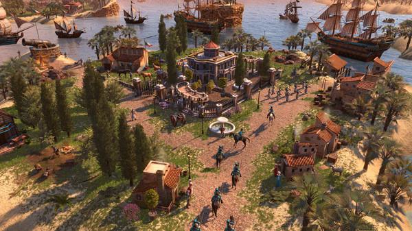 Screenshot from Age of Empires III: Definitive Edition - Knights of the Mediterranean showing soldiers and ships near a coastal town.