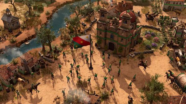 A screenshot from Age of Empires III: Definitive Edition - Mexico Civilization showing troops gathered near a flag and a colonial building.