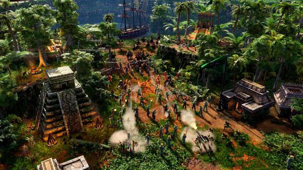 Screenshot from Age of Empires III: Definitive Edition - Mexico Civilization showing a battle near temples in a lush jungle setting.