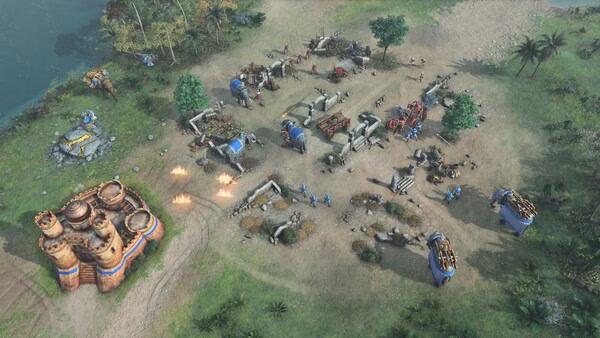 A screenshot from Age of Empires IV: Dynasties of the East showing a bustling military camp with soldiers, siege weapons, and fortifications.