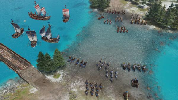 Screenshot from Age of Empires IV: Dynasties of the East showing armies and ships preparing for battle near a bridge and shoreline.