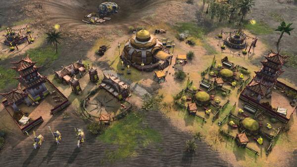 A screenshot from Age of Empires IV: Dynasties of the East showing a vibrant village with buildings, tents, and soldiers.