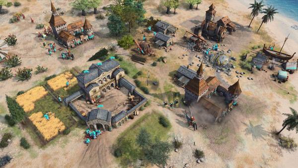 A screenshot from Age of Empires IV: Dynasties of the East showing a medieval village with buildings, soldiers, and farmland.