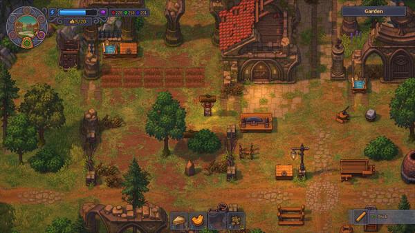 Graveyard Keeper 2 screenshot: A character stands in a vibrant garden area surrounded by crops, benches, and buildings.
