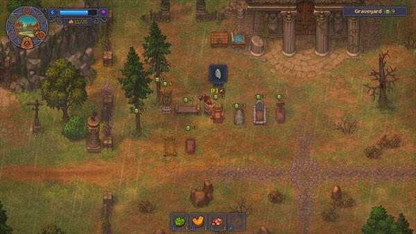 A Graveyard Keeper 2 screenshot showing a character tending to graves in a rainy graveyard with surrounding trees and ancient ruins.