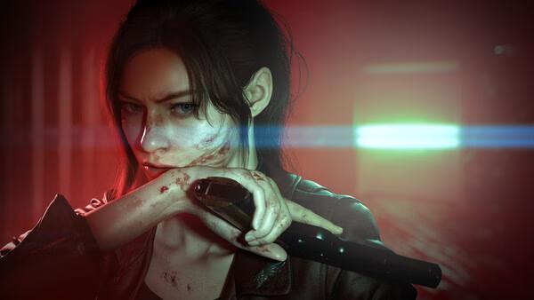 Screenshot from Resident Evil Veronica showing a tense woman holding a weapon, her face bloodied, with a glowing light in the background.