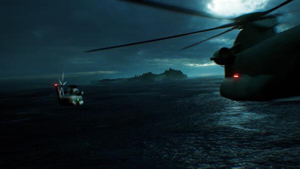 Screenshot from Resident Evil Veronica showing two helicopters flying over a dark ocean toward a distant, shadowy island.