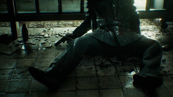 A Resident Evil Veronica screenshot showing a fallen soldier in uniform, surrounded by shattered glass and blood on the floor.