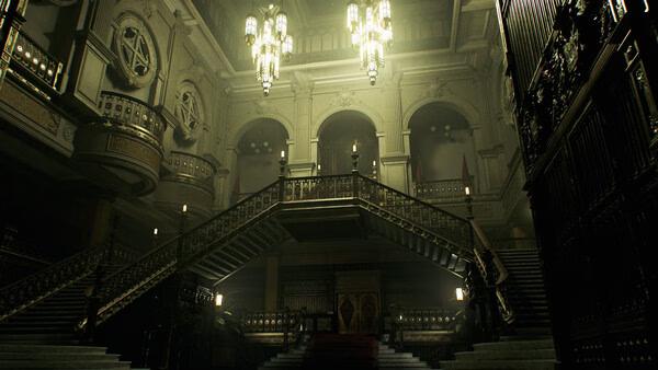 Screenshot from Resident Evil Veronica showing an ornate mansion interior with grand staircases, chandeliers, and gothic decor.