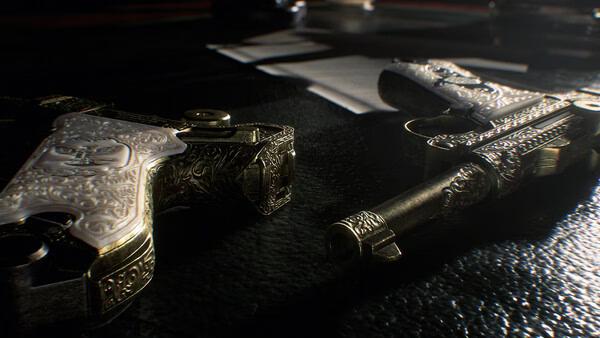 Screenshot from Resident Evil Veronica showing two ornate pistols with intricate designs placed on a dark surface.