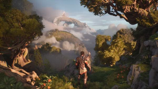 A Guild Wars 3 screenshot showing a warrior in armor standing in a lush forest, gazing at a distant, arched mountain.
