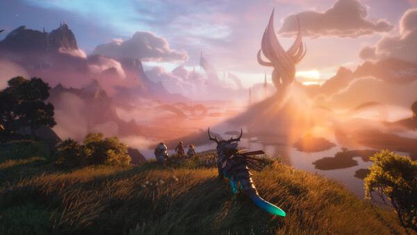 Screenshot from Guild Wars 3 showing a warrior on a grassy hill overlooking a vibrant fantasy landscape at sunset.