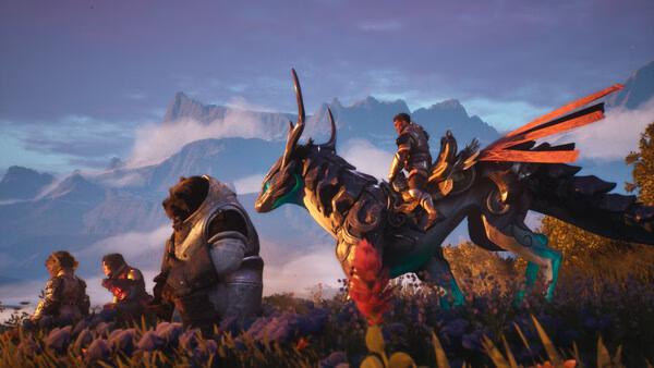 A Guild Wars 3 screenshot showing four characters, including one on a dragon-like mount, in a vibrant, mountainous landscape.