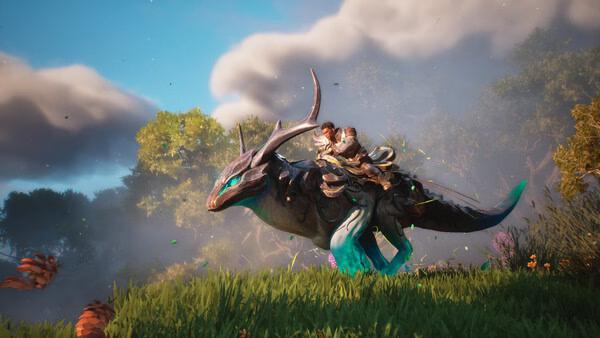 A Guild Wars 3 screenshot showing a character riding a horned, glowing creature in a lush, vibrant meadow under a cloudy sky.