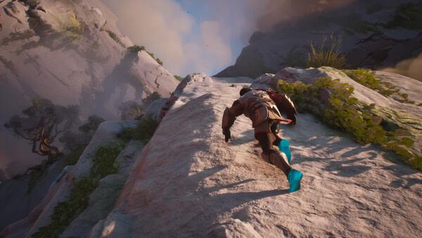 A Guild Wars 3 screenshot showing a character climbing a steep rocky cliff surrounded by lush greenery and distant hills.