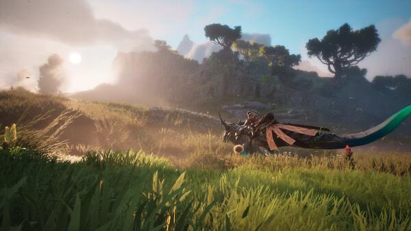 A Guild Wars 3 screenshot showing a character riding a dragon-like creature across a lush, sunlit grassy landscape.