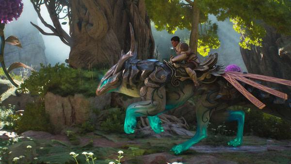 Screenshot from Guild Wars 3 showing a player riding a glowing, dragon-like mount through a vibrant forest setting.