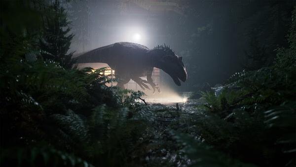 A screenshot from The Lost Wild shows a dinosaur prowling through a dense, shadowy forest illuminated by bright lights.