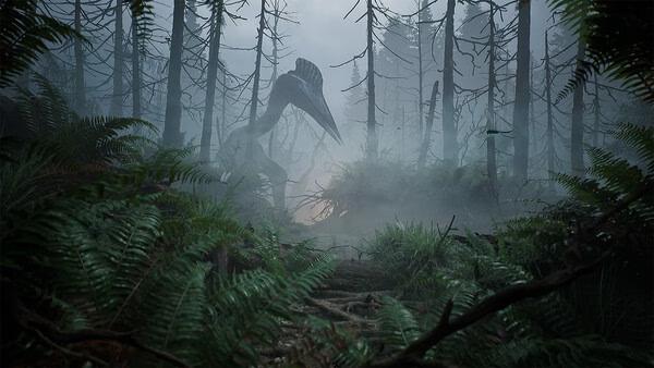 A screenshot from The Lost Wild showing a misty forest with a large dinosaur-like creature emerging through the trees.
