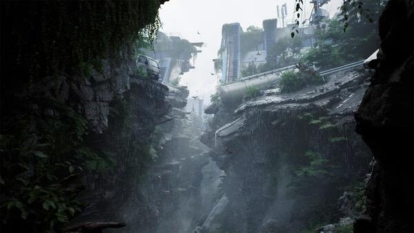 A screenshot from The Lost Wild showing a misty canyon with overgrown vegetation and remnants of abandoned structures.
