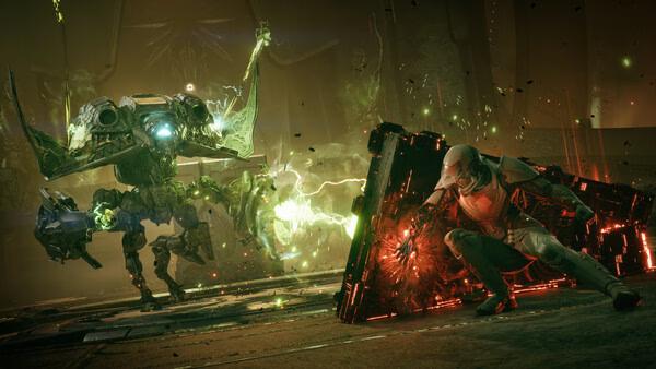 A screenshot from EXODUS showing a player blocking with a glowing shield as a mechanical enemy attacks.