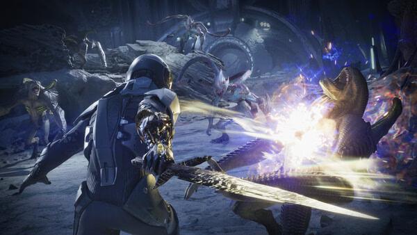 A screenshot from EXODUS shows a futuristic warrior battling alien creatures with a glowing sword in a dark, sci-fi setting.
