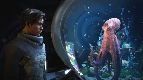 A screenshot from EXODUS showing a character in a spacesuit observing a vibrant octopus in a futuristic aquarium.