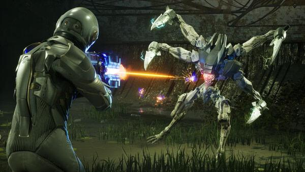 A screenshot from EXODUS showing a player in a spacesuit firing at a six-legged robotic enemy in a swampy environment.