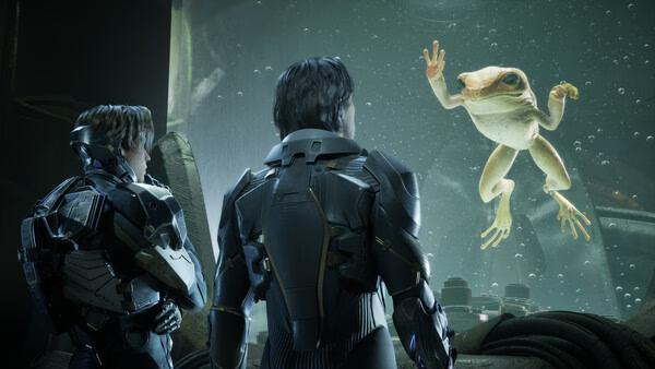 Screenshot from EXODUS showing two armored characters observing a large frog-like creature floating in a futuristic tank.