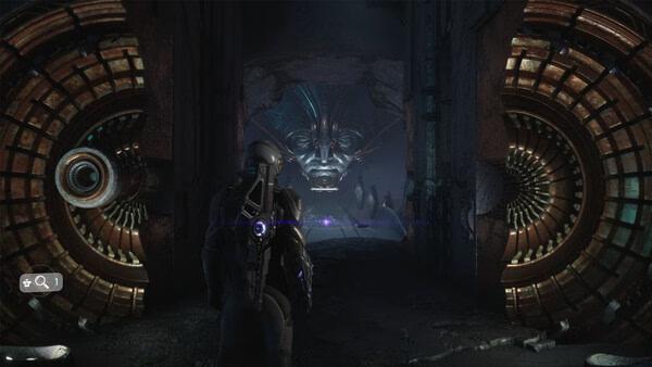 A screenshot from EXODUS shows a sci-fi adventurer facing a giant metallic face within a dimly lit, futuristic chamber.