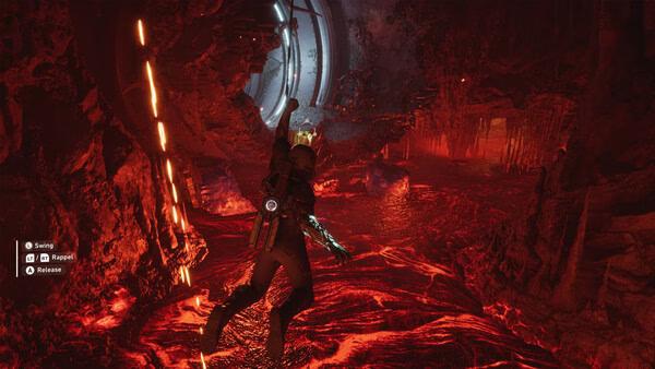 A screenshot from the game EXODUS showing a character navigating a molten lava cavern with glowing red and orange hues.