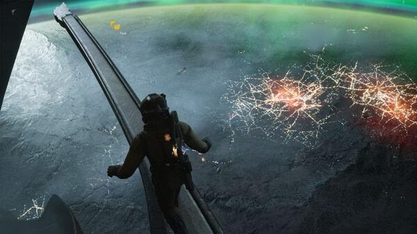 A screenshot from EXODUS shows a character walking on a space station rail with Earth and city lights below.
