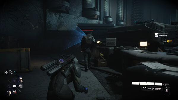 A screenshot from EXODUS showing a player character crouching behind cover while targeting an enemy in a dimly lit room.