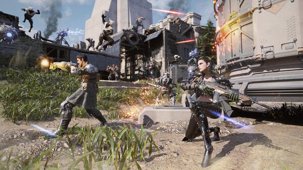 Screenshot from The First Descendant showing two characters in battle gear fighting enemies in an outdoor sci-fi setting.