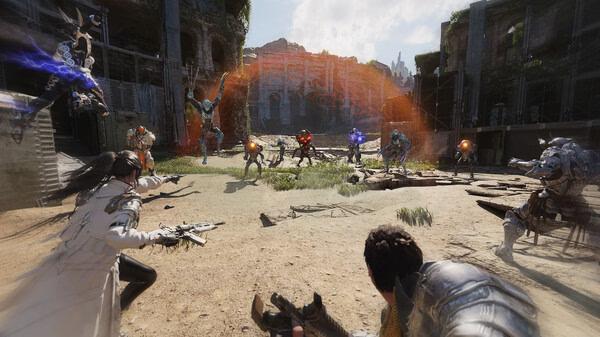 A screenshot from The First Descendant showing players battling robotic enemies in a ruined outdoor arena under bright sunlight.