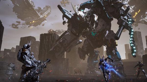 A screenshot from The First Descendant shows armed players facing a massive mechanical boss in a futuristic, battle-torn setting.