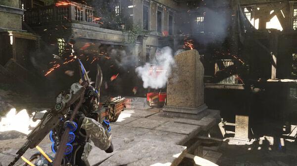A screenshot from The First Descendant showing a player character firing a weapon in a ruined, overgrown building.