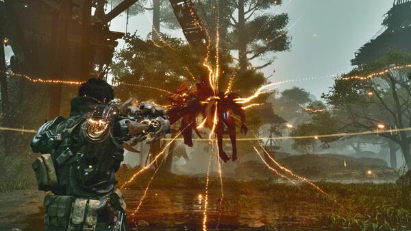A screenshot from The First Descendant showing a player aiming at a glowing spider-like creature in a misty forest setting.