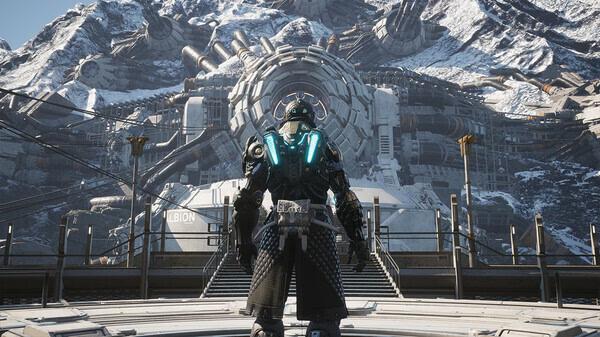 A screenshot from The First Descendant showing a character in futuristic armor facing a massive snowy mountain facility.